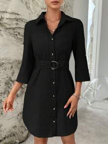 SHEIN Essnce Roll Tab Sleeve Belted Shirt Dress - Black - View 7