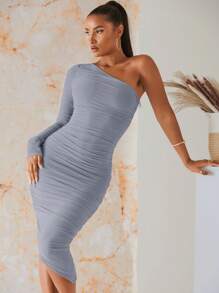 SHEIN BAE Vestido ajustado de un hombro fruncido - Neblina azul - Ver 1