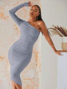 SHEIN BAE Vestido ajustado de un hombro fruncido - Neblina azul - Ver 5