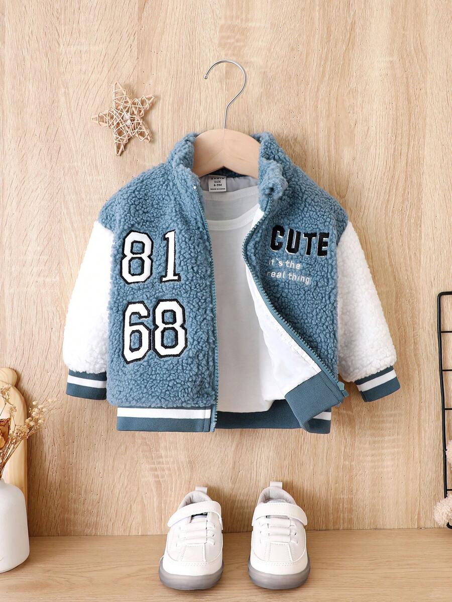 Baby Boy Letter Embroidery Striped Trim Colorblock Teddy Jacket Without Tee - Multicolor - View 1