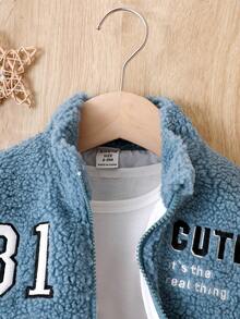 Baby Boy Letter Embroidery Striped Trim Colorblock Teddy Jacket Without Tee - Multicolor - View 3
