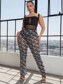 SHEIN SXY Hơn In Toàn bộ Viền chia cắt Lưới Xà cạp Không có quần trẻ con - Đen và trắng - Xem 5