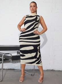 SHEIN SXY Plus Zebra Striped Pattern Mock Neck Sweater Dress Winter Fall Autumn - Multicolor - View 3