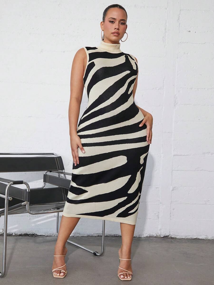SHEIN SXY Plus Zebra Striped Pattern Mock Neck Sweater Dress Winter Fall Autumn - Multicolor - View 1
