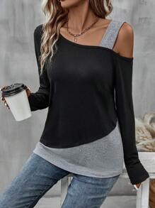 EMERY ROSE Two Tone Asymmetrical Neck Tee Graphic Tees Women Tops Fall Cloth For Women