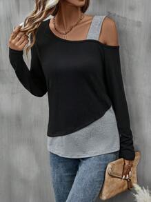 EMERY ROSE Two Tone Asymmetrical Neck Tee Graphic Tees Women Tops Fall Cloth For Women