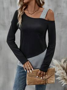 EMERY ROSE Two Tone Asymmetrical Neck Tee Graphic Tees Women Tops Fall Cloth For Women