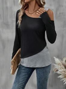 EMERY ROSE Two Tone Asymmetrical Neck Tee Graphic Tees Women Tops Fall Cloth For Women