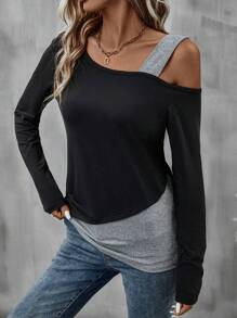 EMERY ROSE Two Tone Asymmetrical Neck Tee Graphic Tees Women Tops Fall Cloth For Women