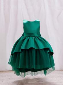 SHEIN Glamorique Kids Vestido formal para niña, elegante y de moda, perfecto para fiestas de cumpleaños, eventos nocturnos, bodas, bautizos y primer cumpleaños. Vestido verde esmeralda para bebé niña. - Verde - Ver 3