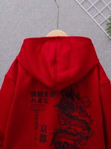 SHEIN Áo nỉ tay rớt vai in hình rồng và khẩu hiệu dành cho bé trai tuổi teen - Đỏ - Xem 7