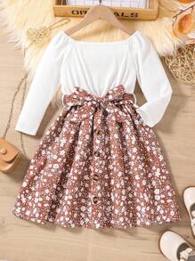SHEIN 女小童碎花繫腰帶洋裝
