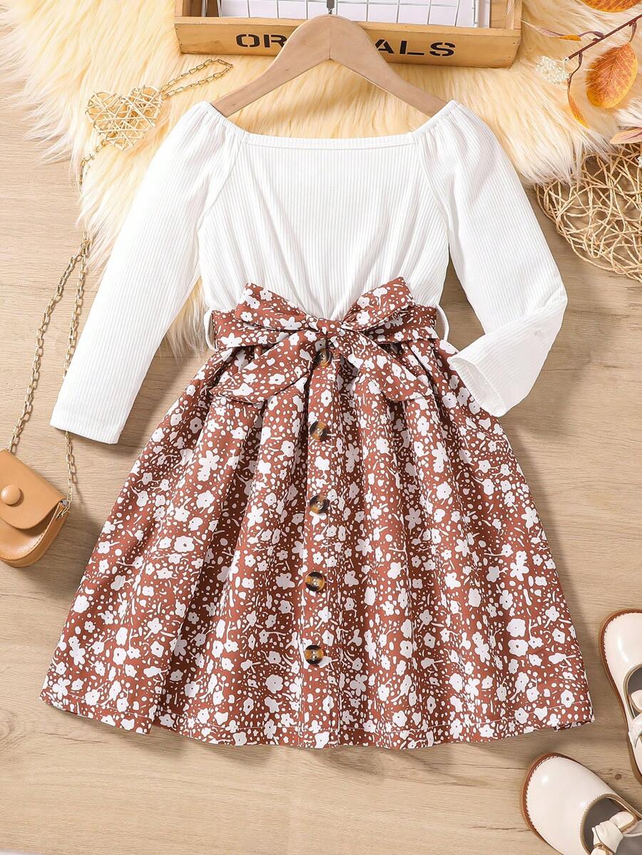 SHEIN 女小童碎花繫腰帶洋裝