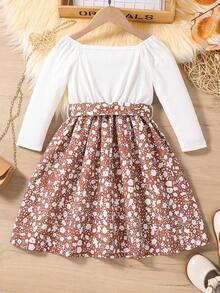 SHEIN 女小童碎花繫腰帶洋裝