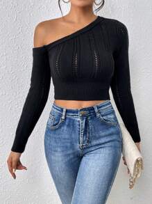 Chiquease Asymmetrical Neck Pointelle Knit Crop Sweater,Long Sleeve Tops - Black - View 1