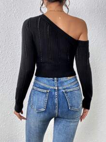Chiquease Asymmetrical Neck Pointelle Knit Crop Sweater,Long Sleeve Tops - Black - View 2