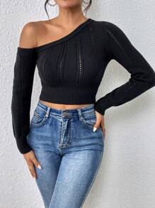 Chiquease Asymmetrical Neck Pointelle Knit Crop Sweater,Long Sleeve Tops - Black - View 4