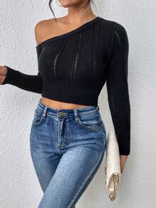 Chiquease Asymmetrical Neck Pointelle Knit Crop Sweater,Long Sleeve Tops - Black - View 5