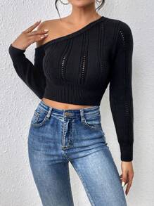 Chiquease Asymmetrical Neck Pointelle Knit Crop Sweater,Long Sleeve Tops - Black - View 6