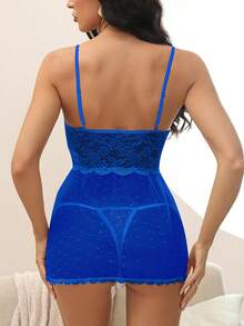 Classic Sexy Floral Lace Cut Out Underwire Babydoll Lingerie Dress - Royal Blue - View 2