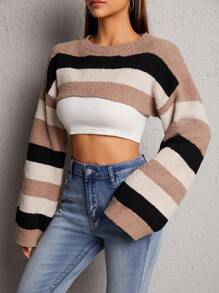 SHEIN PETITE 1pc Color Block Drop Shoulder Crop Sweater - Multicolor - View 1