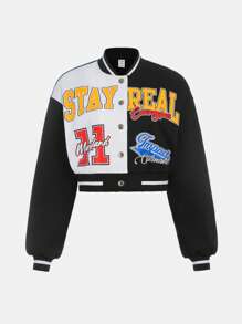 SHEIN Teen Girl Letter Graphic Drop Shoulder Varsity Jacket,In Fall/Winter - Black and White - View 1