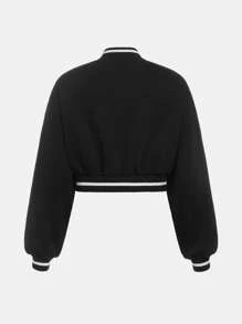 SHEIN Teen Girl Letter Graphic Drop Shoulder Varsity Jacket,In Fall/Winter - Black and White - View 2
