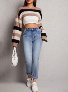 SHEIN PETITE 1pc Color Block Drop Shoulder Crop Sweater - Multicolor - View 4