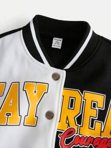 SHEIN Teen Girl Letter Graphic Drop Shoulder Varsity Jacket,In Fall/Winter - Black and White - View 6