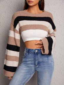 SHEIN PETITE 1pc Color Block Drop Shoulder Crop Sweater - Multicolor - View 5