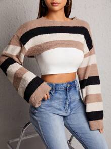 SHEIN PETITE 1pc Color Block Drop Shoulder Crop Sweater - Multicolor - View 6