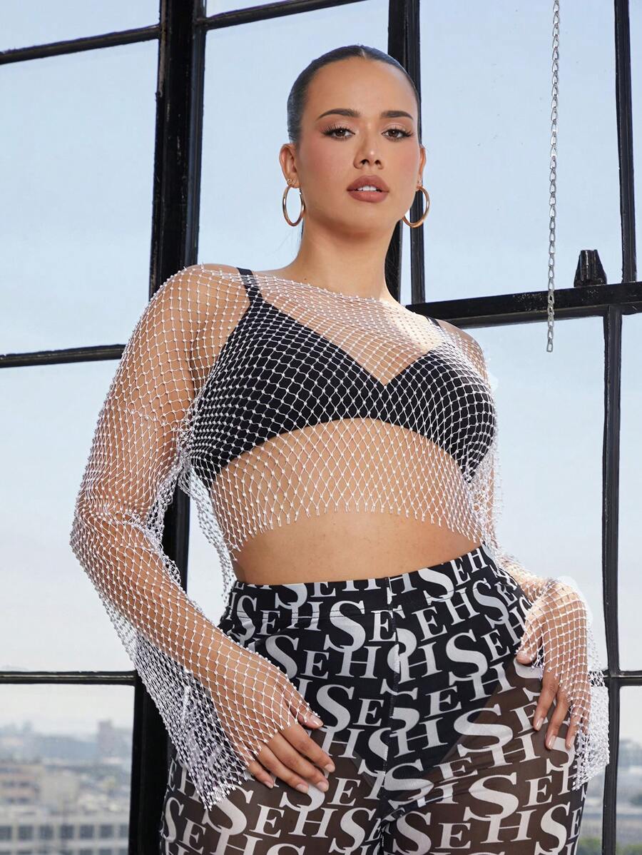 SHEIN SXY Hơn Rhinestone Chi tiết Lưới Lưới cá Áo Không có áo ngực - trắng - Xem 1
