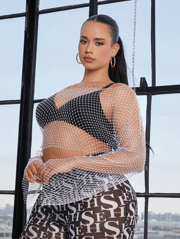 SHEIN SXY 大碼水鑽細節漁網網紗上衣不附胸罩 - 白色 - 查看 3