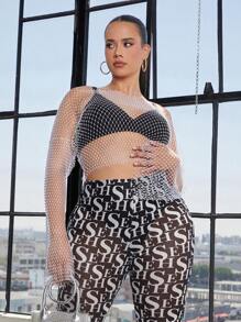 SHEIN SXY Hơn Rhinestone Chi tiết Lưới Lưới cá Áo Không có áo ngực - trắng - Xem 5
