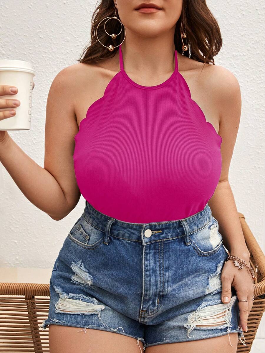 SHEIN Privé Hơn Cắt vỏ sò Áo hai dây - Màu Hồng Tươi - Xem 1