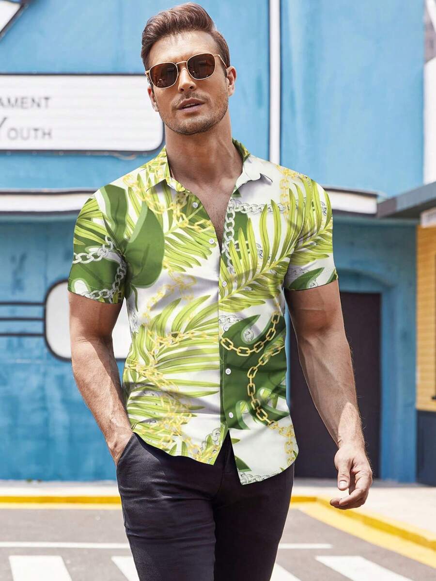 NITAGUT Men Chain & Tropical Print Shirt - Multicolor - View 1