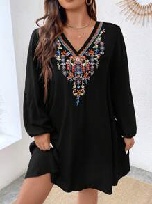 EMERY ROSE Talla grande Vestido con bordado floral de manga farol