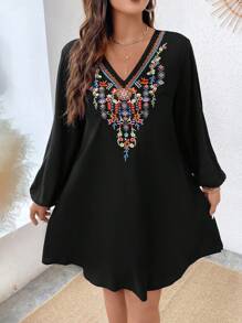 EMERY ROSE Talla grande Vestido con bordado floral de manga farol