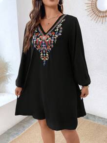 EMERY ROSE Talla grande Vestido con bordado floral de manga farol