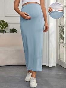 SHEIN Thai sản Vòng eo có thể điều chỉnh Gân đan Váy bút chì - Màu xanh nhạt - Xem 1