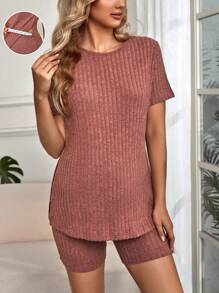 SHEIN Maternidad unicolor tejido de canalé Camiseta & de cintura ajustable Shorts - Color caoba - Ver 1