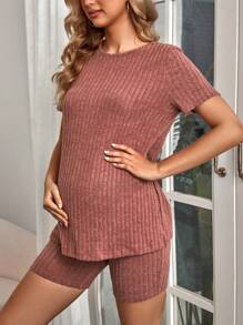 SHEIN Maternidad unicolor tejido de canalé Camiseta & de cintura ajustable Shorts - Color caoba - Ver 3