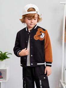 SHEIN Young Boy Bear Patched Bomber Jacket - Black - View 6