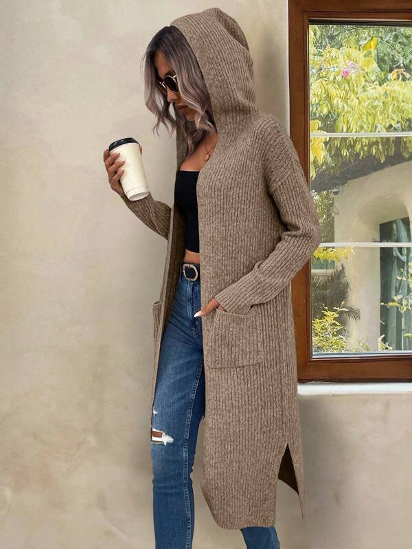 SHEIN LUNE Dual Pocket Split Hem Hooded Duster Cardigan,Long Sleeve Tops