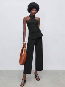Maija Button Front Halter Top & Pants - Black - View 6
