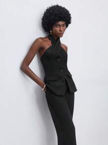 Maija Button Front Halter Top & Pants - Black - View 2