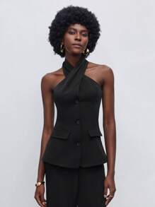 Maija Button Front Halter Top & Pants - Black - View 3