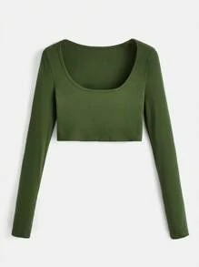 SHEIN BASICS White Knit Women's Slim Fit Crop Top With  Letter & Heart Pattern - Army Green - View 7