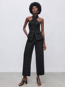 Maija Button Front Halter Top & Pants - Black - View 1