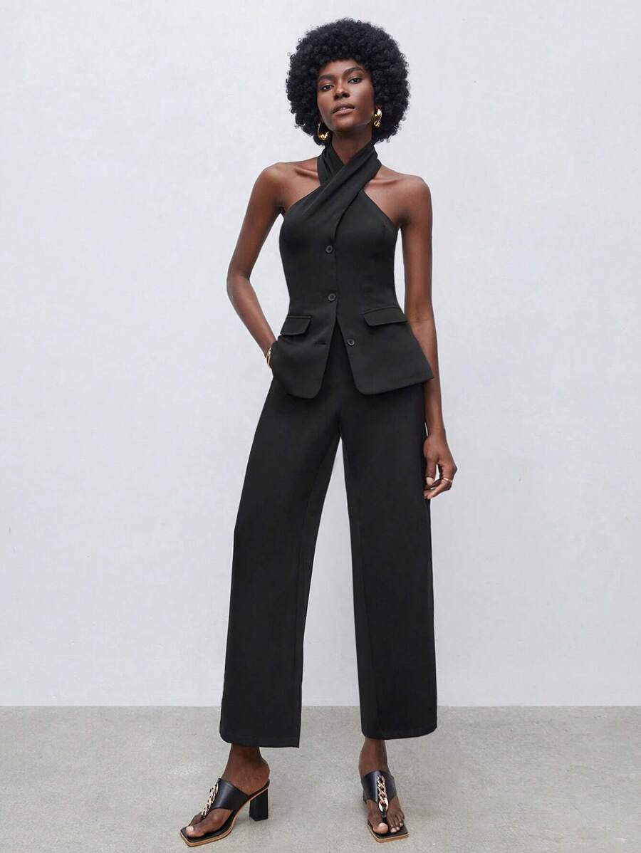 Maija Button Front Halter Top & Pants - Black - View 1
